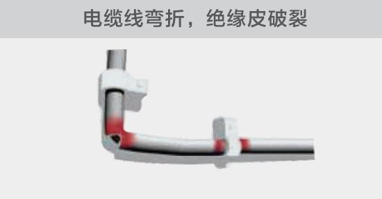 在安裝過程中，由于電線的彎曲半徑過小，或是線夾過緊，導(dǎo)致線纜絕緣皮破裂，產(chǎn)生電弧隱患